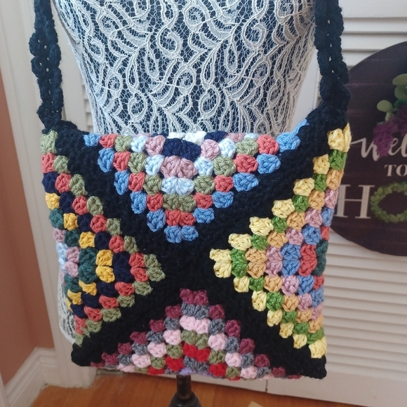 Granny Square Multicolor Crochet Shoulder Crossbody Bag Boho Hippy - Picture 6 of 12